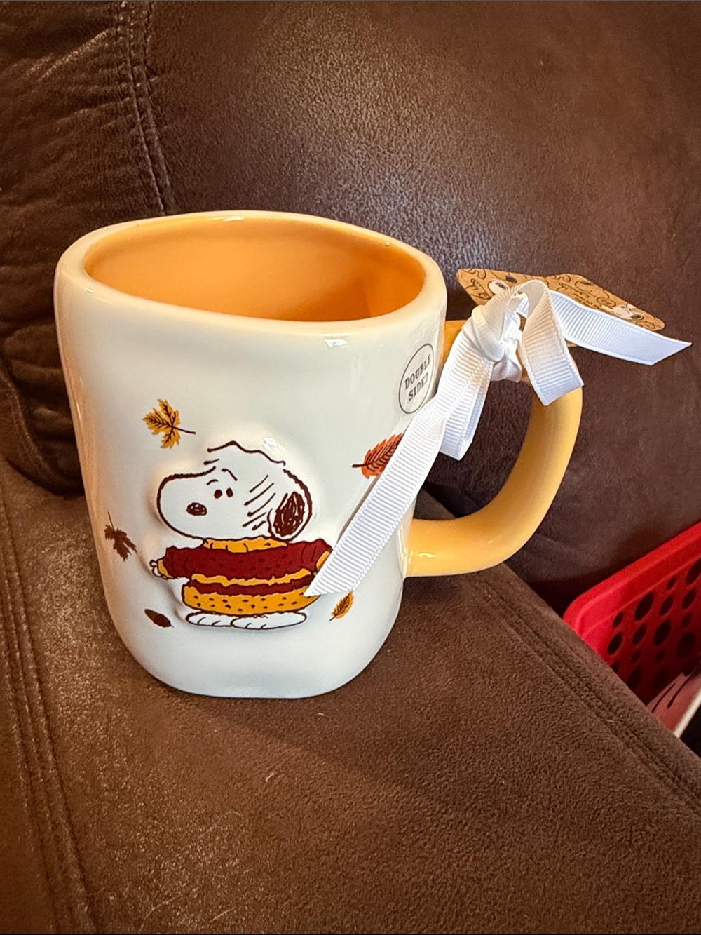 Rae Dunn White Ceramic Snoopy Mug with Yellow Interior and Handle
